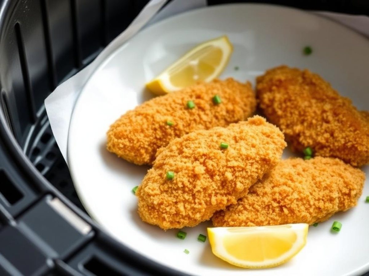 Crispy low FODMAP air fryer chicken tenders on a white plate with lemon and chives