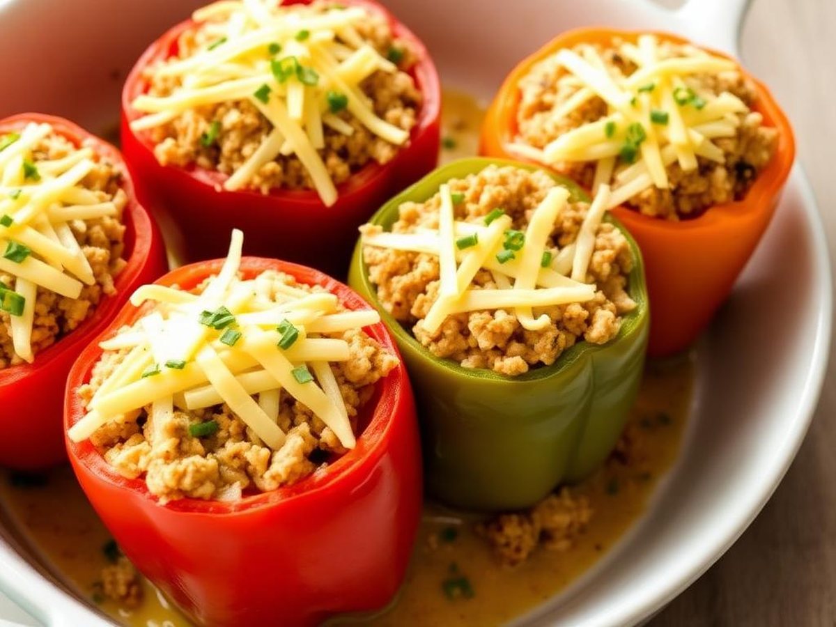Air fryer stuffed bell peppers with rice, turkey and melted cheddar