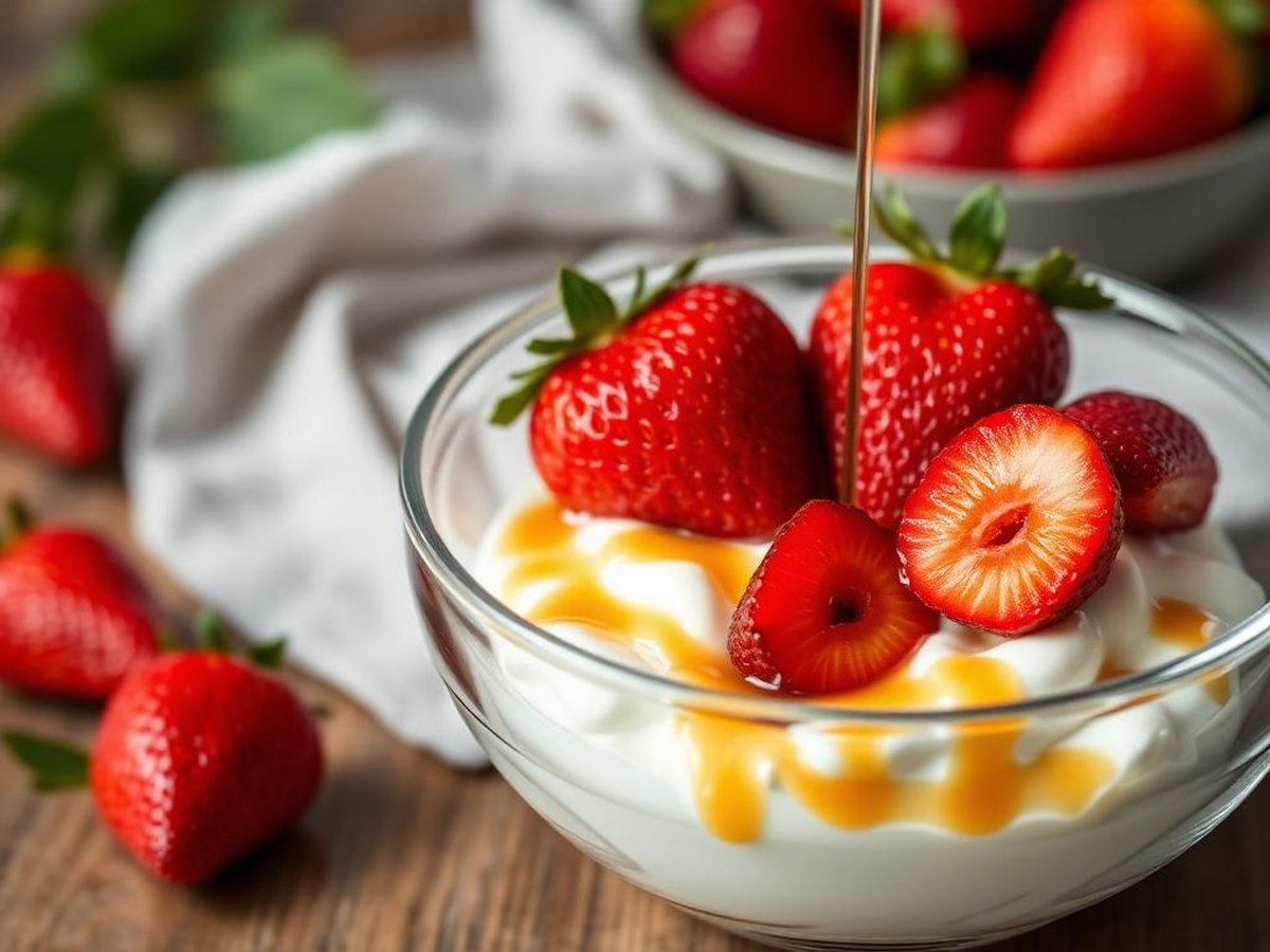 Air fryer roasted strawberries over lactose-free yogurt with maple syrup