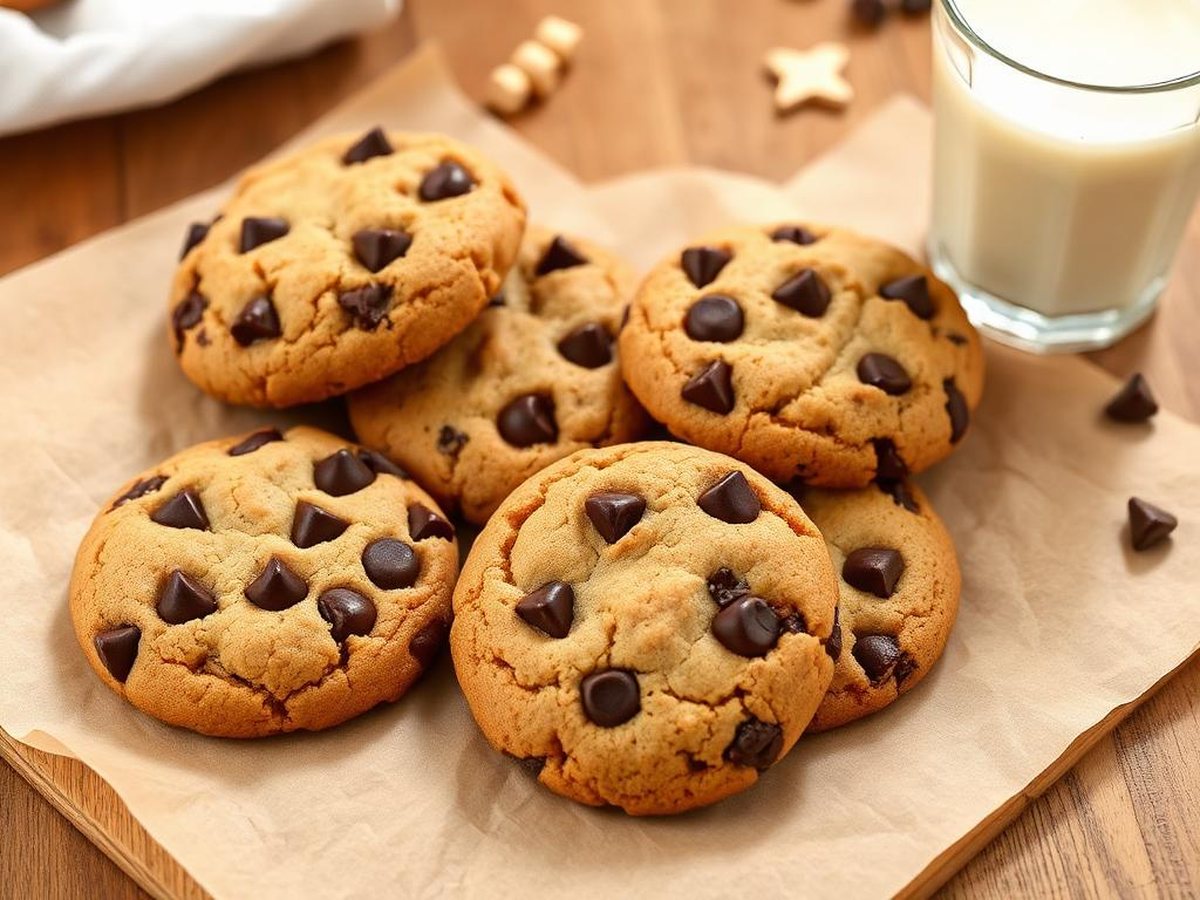 Air fryer gluten-free chocolate chip cookies with a glass of lactose-free milk