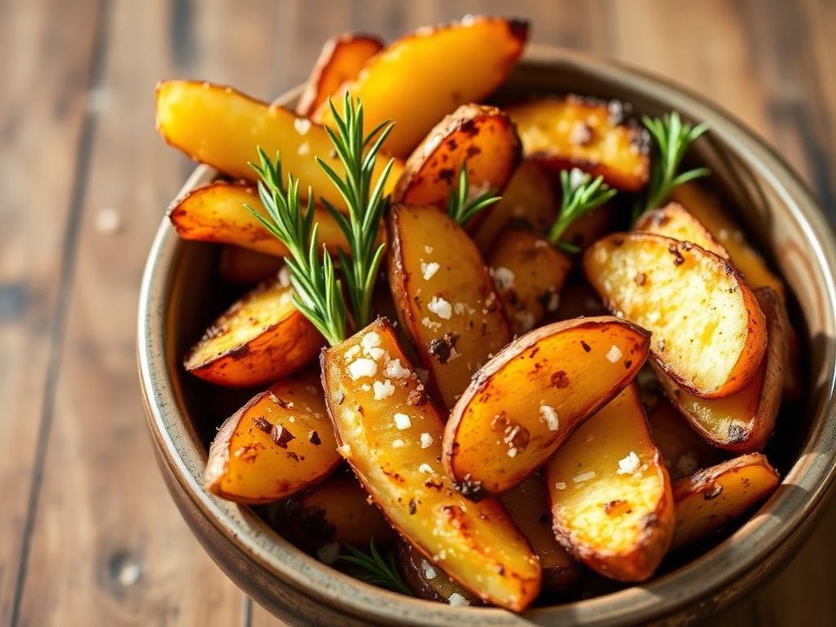 Air fryer potato wedges with rosemary and sea salt in a rustic bowl