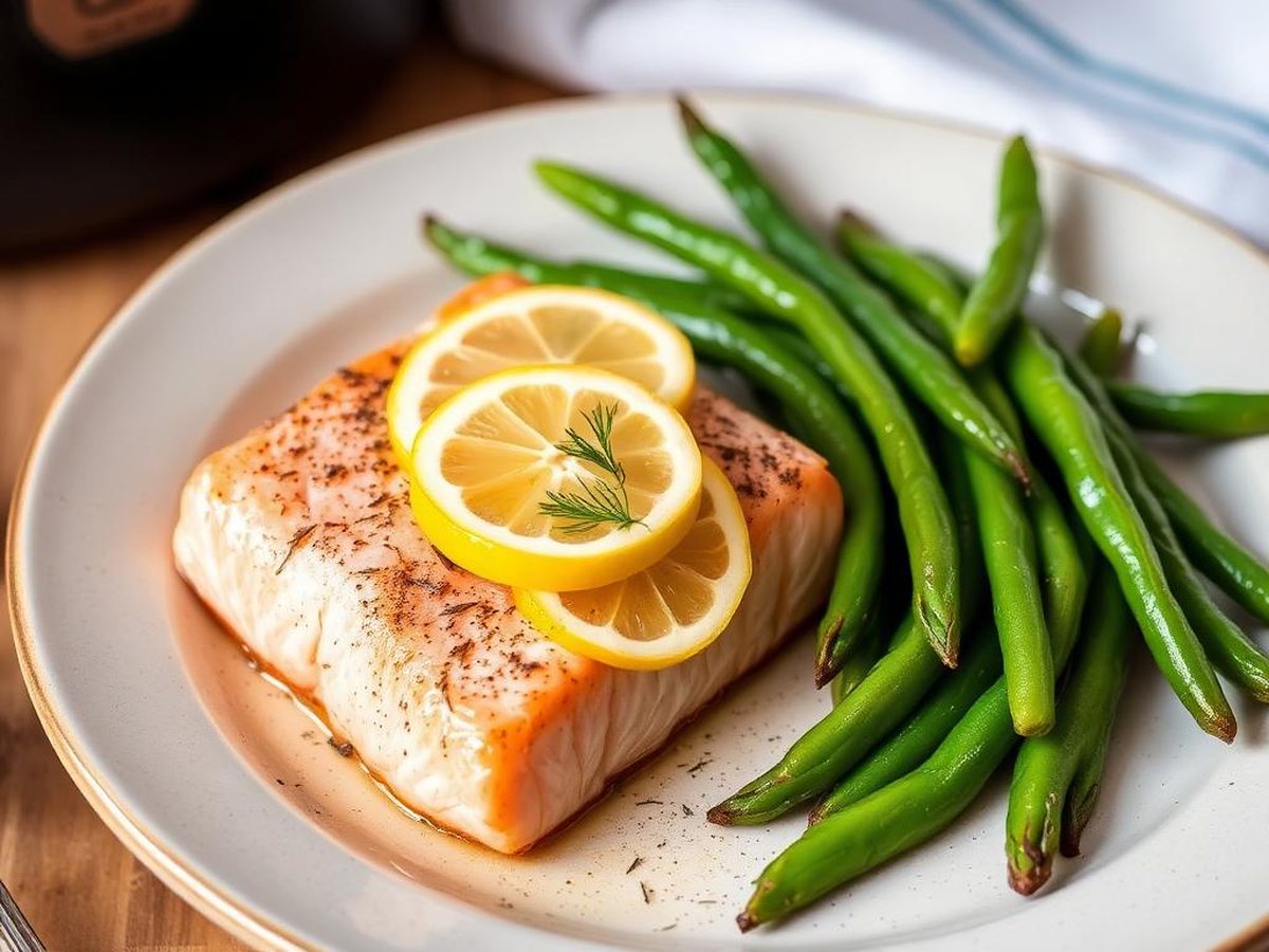 Air fryer salmon fillet with lemon and dill served with green beans