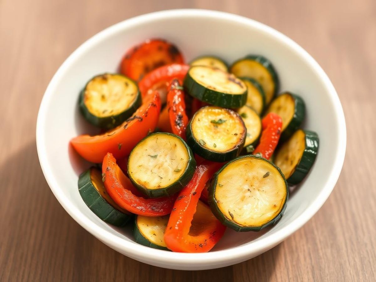 Air fryer roasted zucchini and red bell pepper in a white bowl