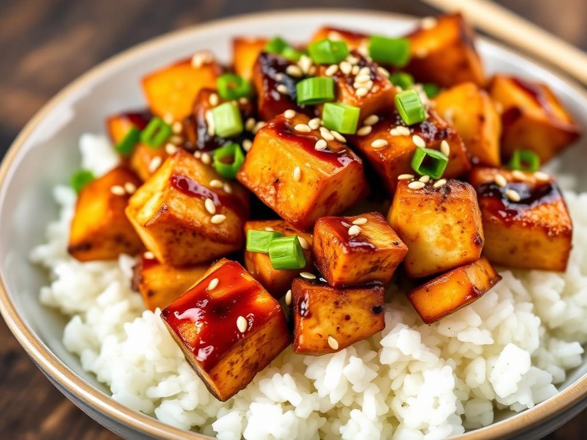 Air fryer crispy tofu cubes with tamari, sesame seeds and spring onion greens over rice