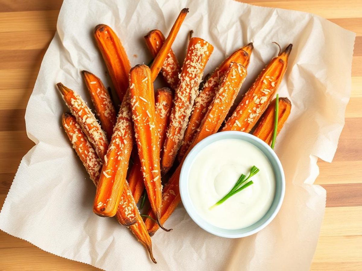 Air fryer parmesan carrot fries on parchment with a chive dip