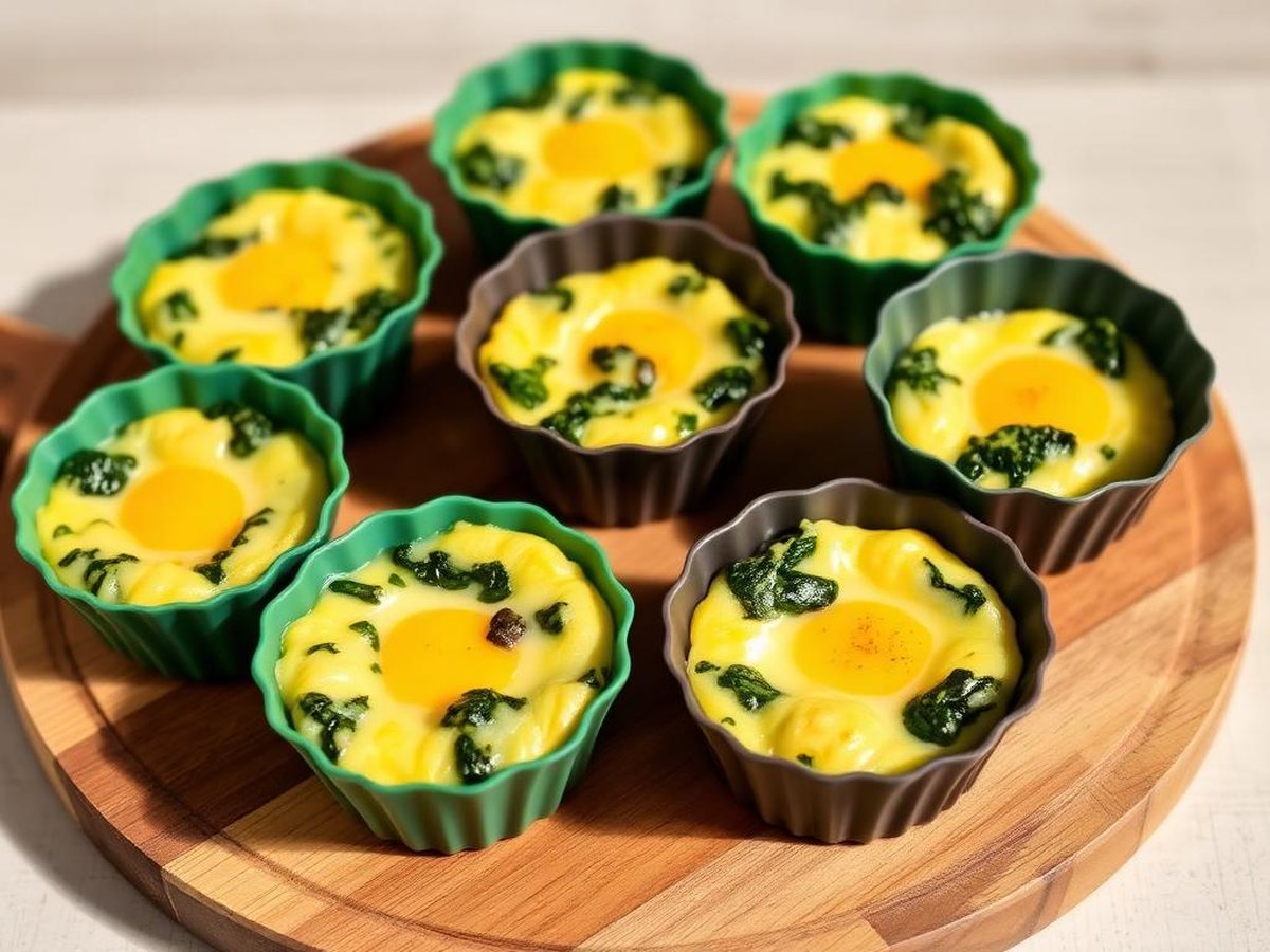 Air fryer egg cups with spinach and cheddar in silicone moulds on a wooden board