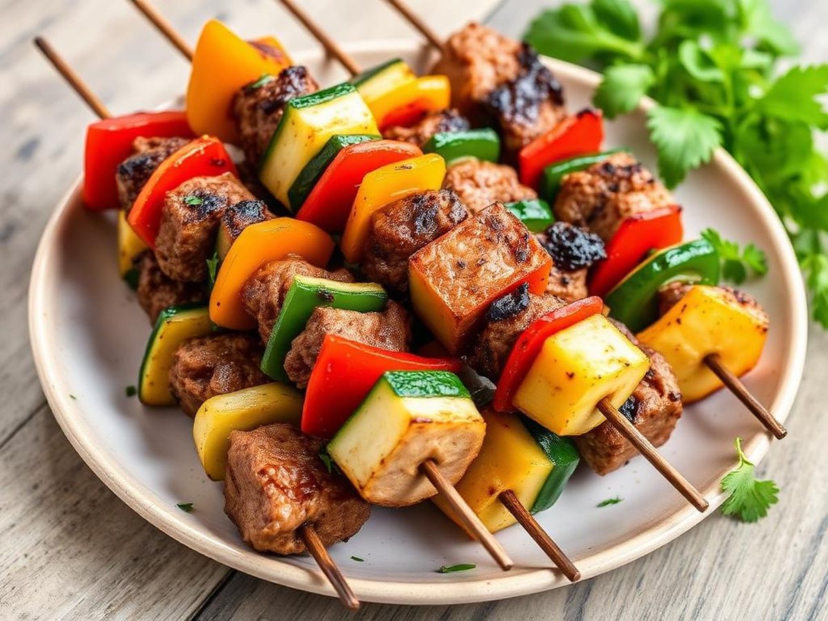 Air fryer beef and vegetable skewers with bell pepper and zucchini