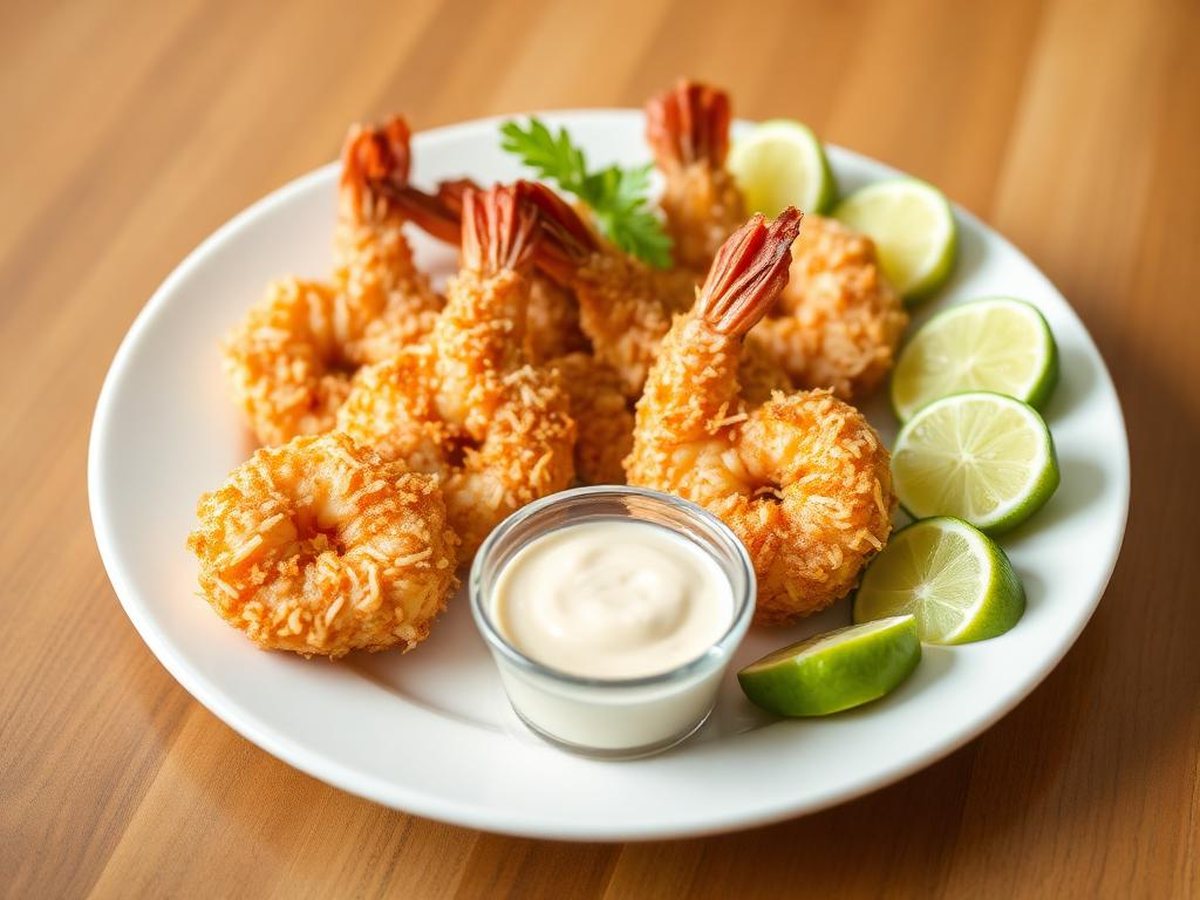 Air fryer coconut shrimp with lime wedges and dipping sauce