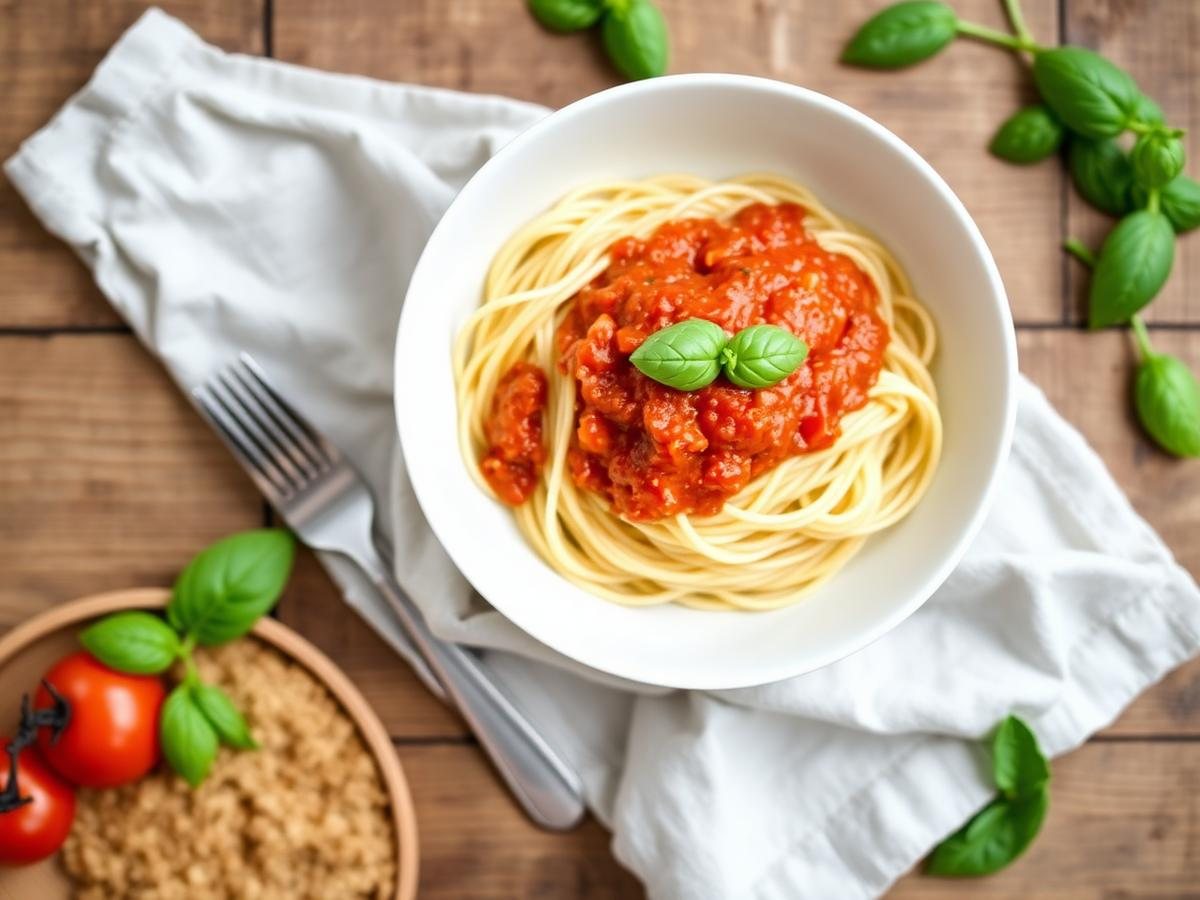 Low FODMAP tomato and basil spaghetti in a white bowl