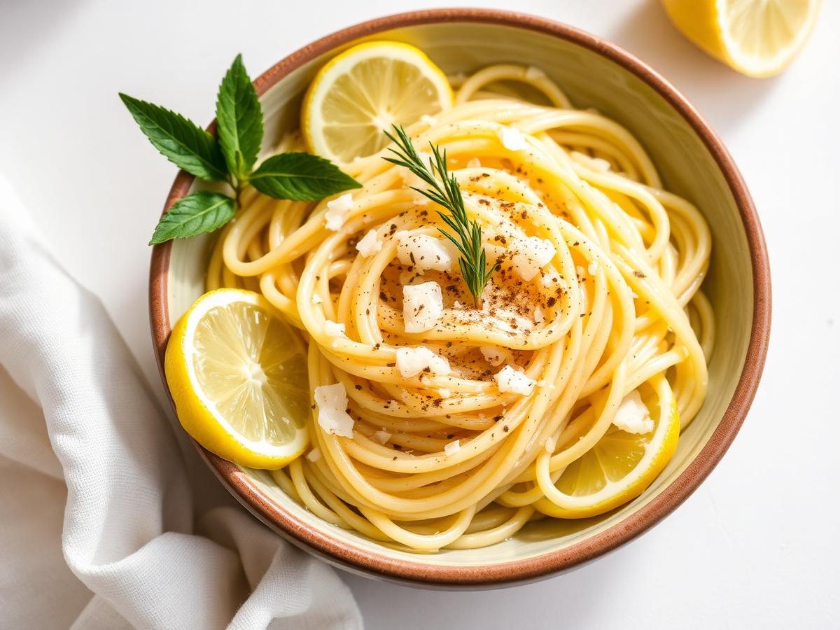 Creamy lemon parmesan low FODMAP pasta with lemon slices