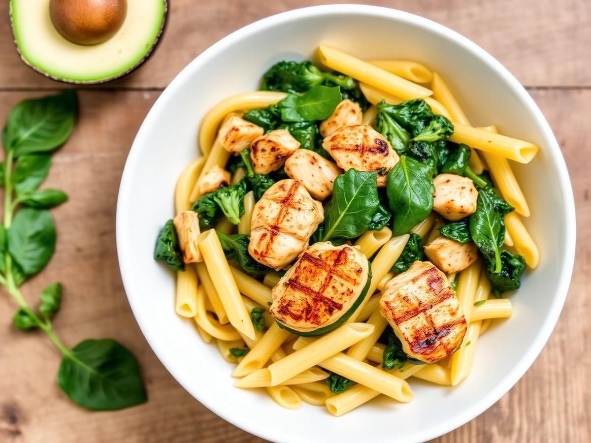 Low FODMAP penne with grilled chicken, spinach and zucchini