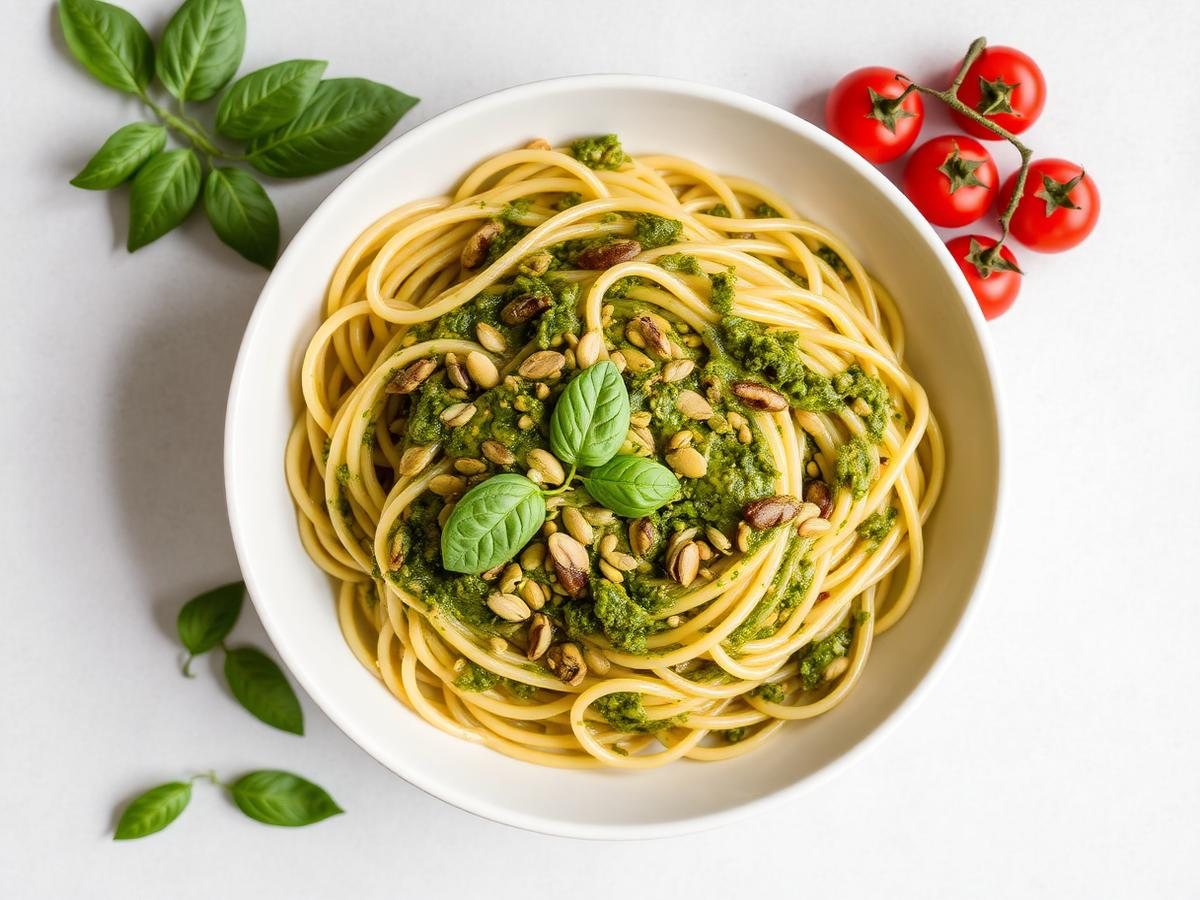 Low FODMAP basil pesto pasta with pumpkin seeds and cherry tomatoes