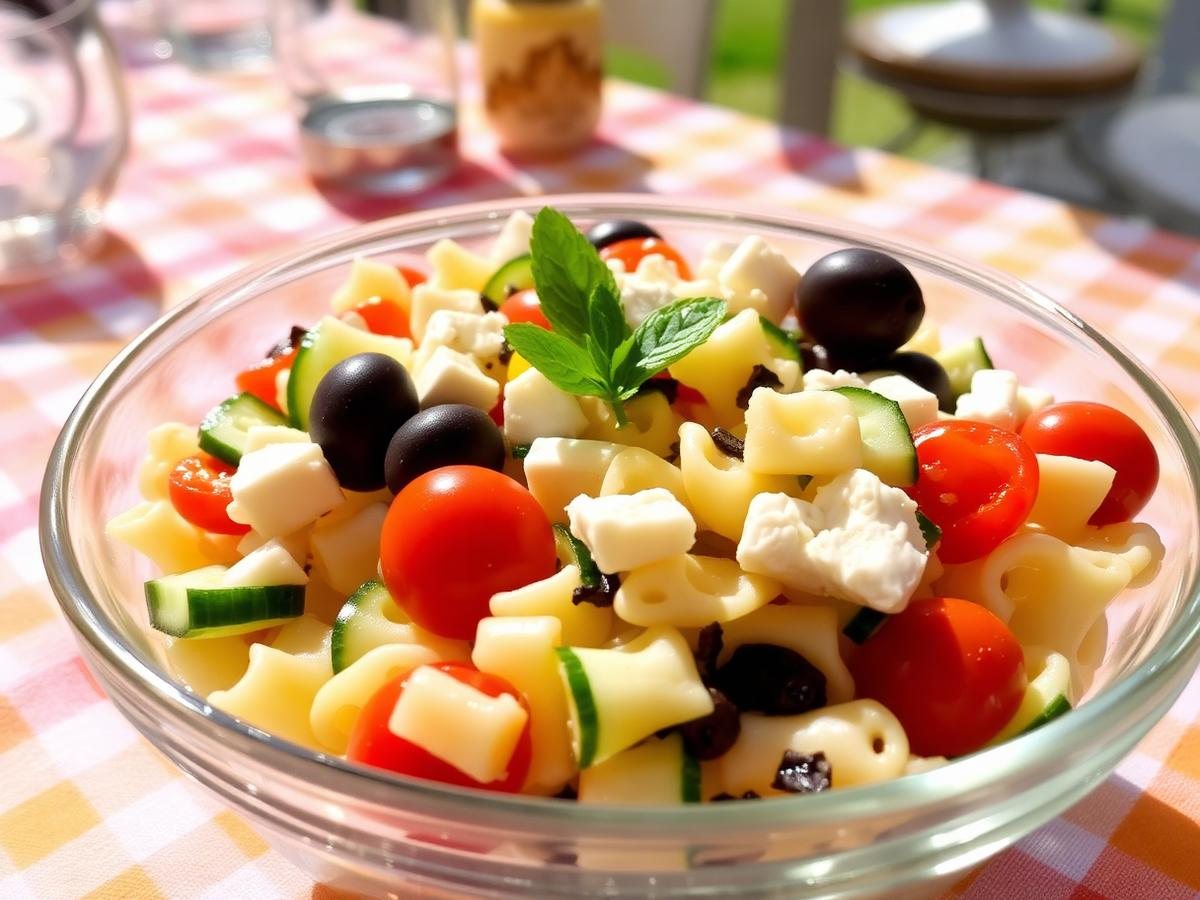 Low FODMAP pasta salad with cucumber, tomato, olives and feta