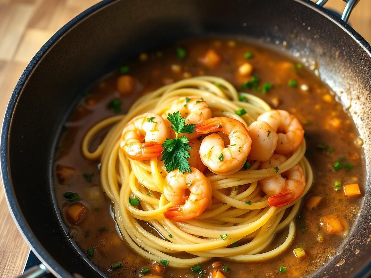 Low FODMAP shrimp pasta with lemon and parsley in a skillet