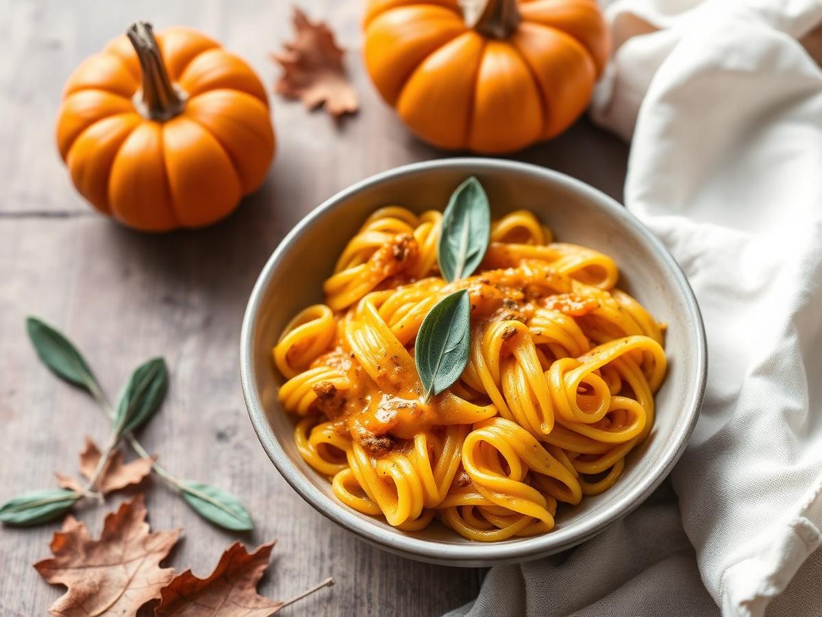 Creamy low FODMAP pumpkin sage pasta with fresh sage leaves