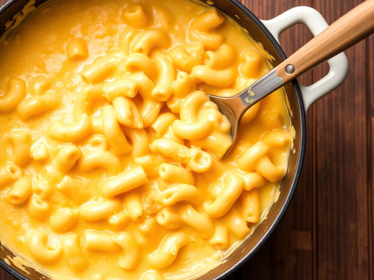 Creamy low FODMAP macaroni and cheese in a saucepan