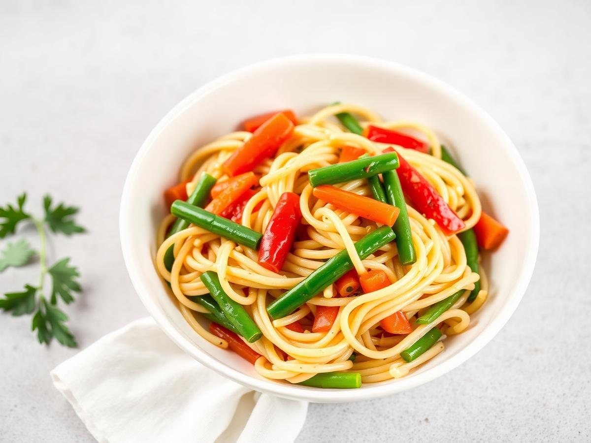 Low FODMAP pasta primavera with carrots, green beans and red pepper