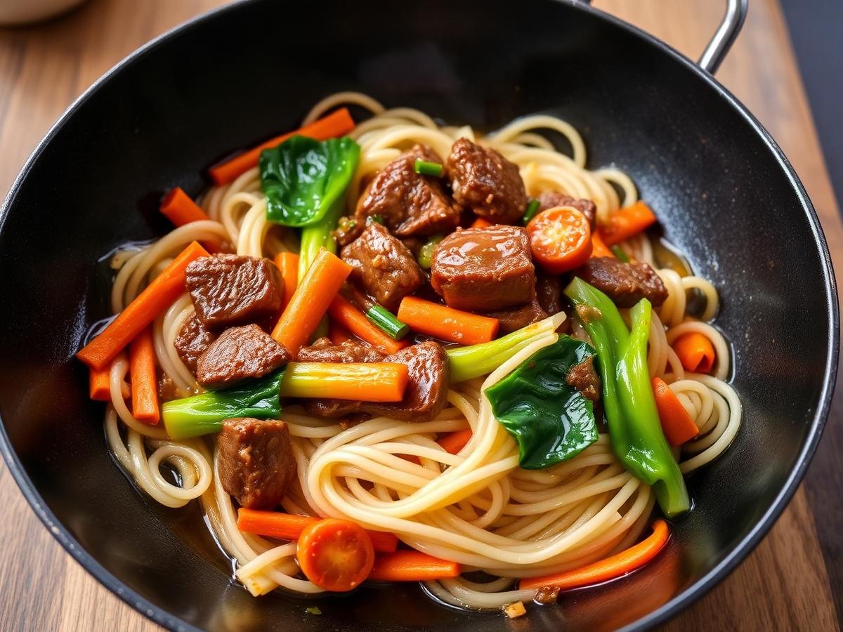 Low FODMAP rice noodle stir fry with beef, carrot and bok choy