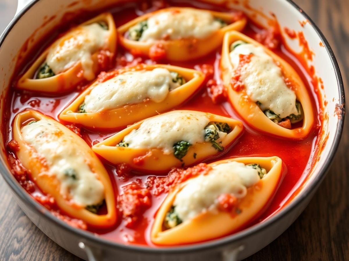 Low FODMAP stuffed pasta shells with ricotta and spinach in tomato sauce