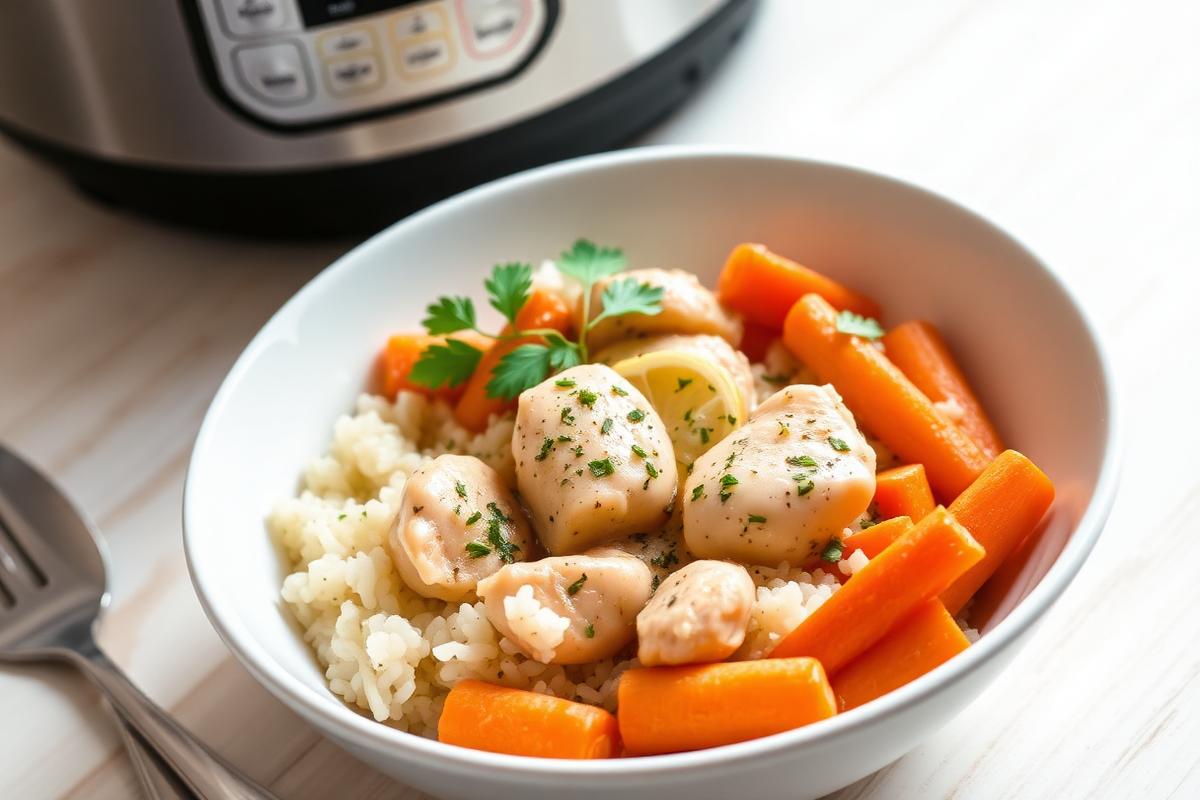 Low FODMAP Instant Pot lemon herb chicken with rice and carrots in a white bowl