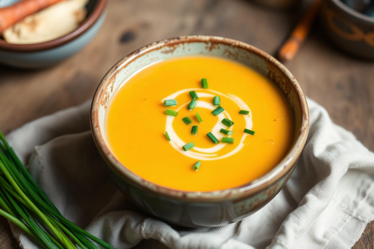 Creamy low FODMAP carrot and ginger soup in a rustic bowl topped with chives
