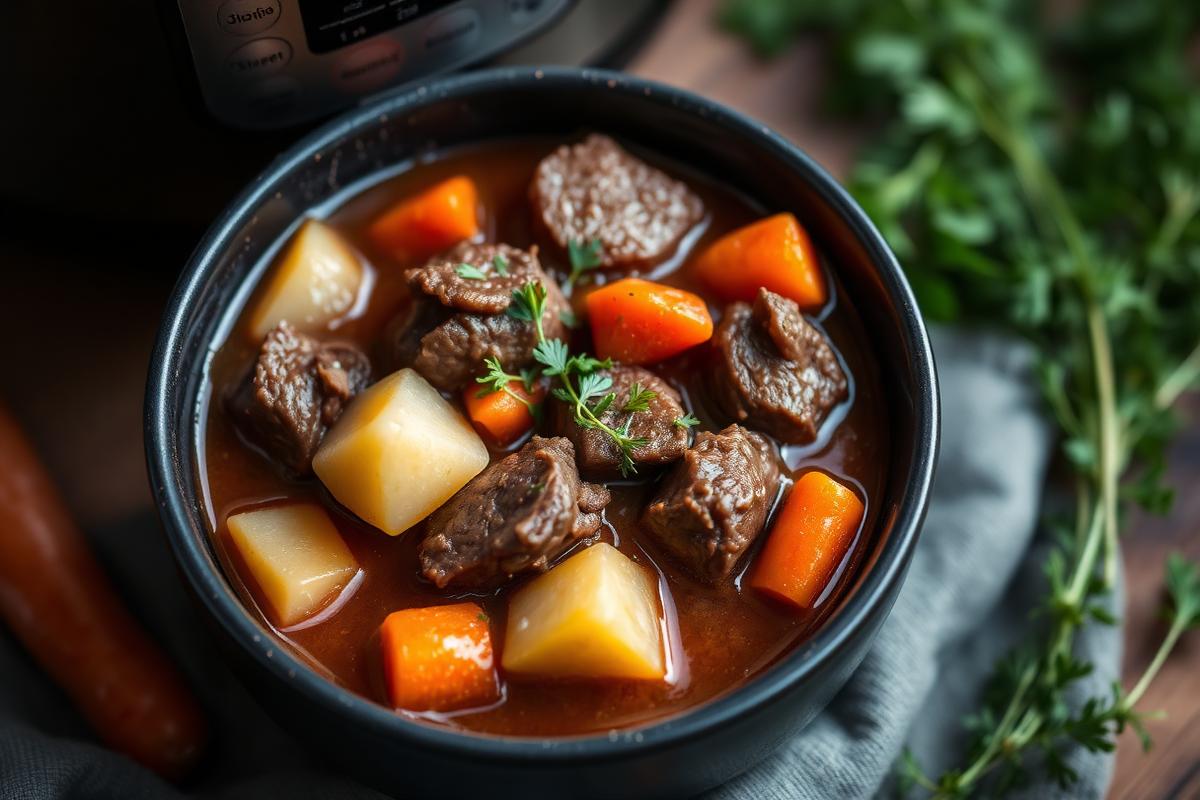 Low FODMAP pressure cooker beef stew with potato and carrot in a dark bowl