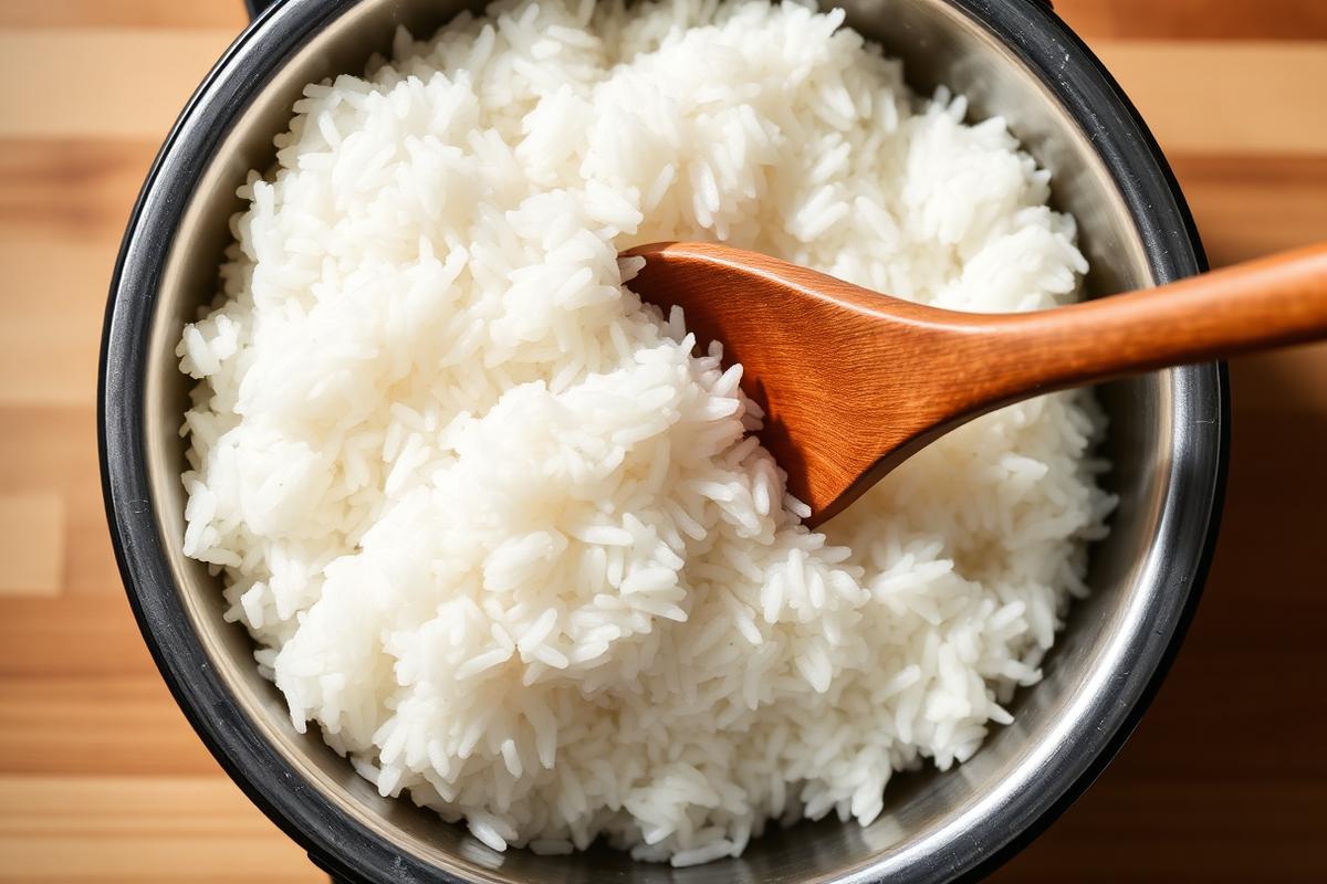 Fluffy cooked jasmine rice in a pressure cooker insert with a wooden spoon