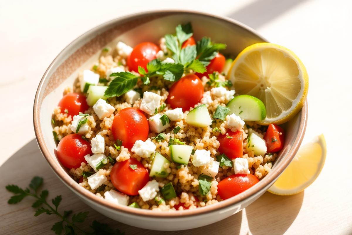 Low FODMAP quinoa salad with cucumber, tomato and feta in a ceramic bowl
