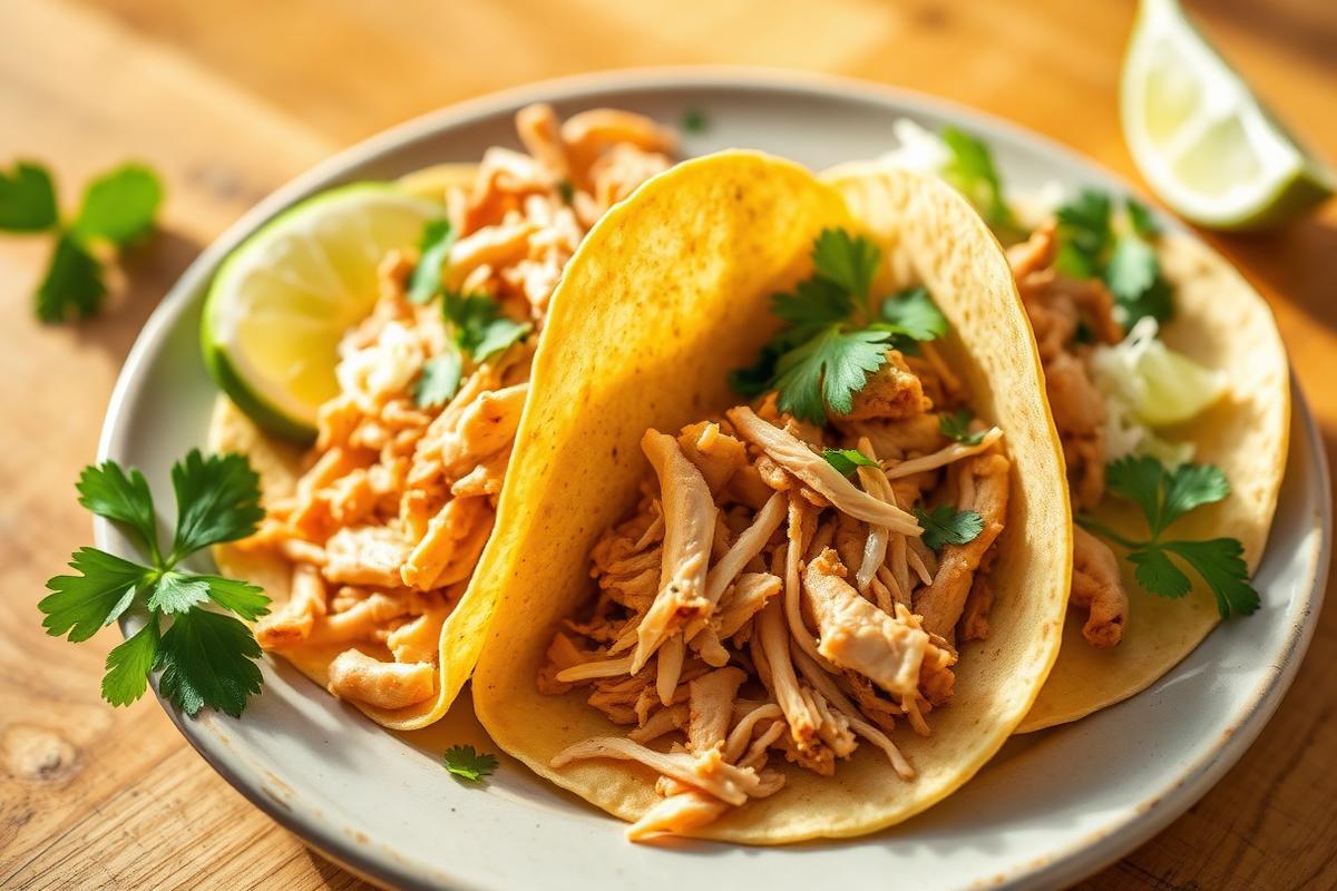 Low FODMAP shredded chicken tacos on corn tortillas with lime and coriander