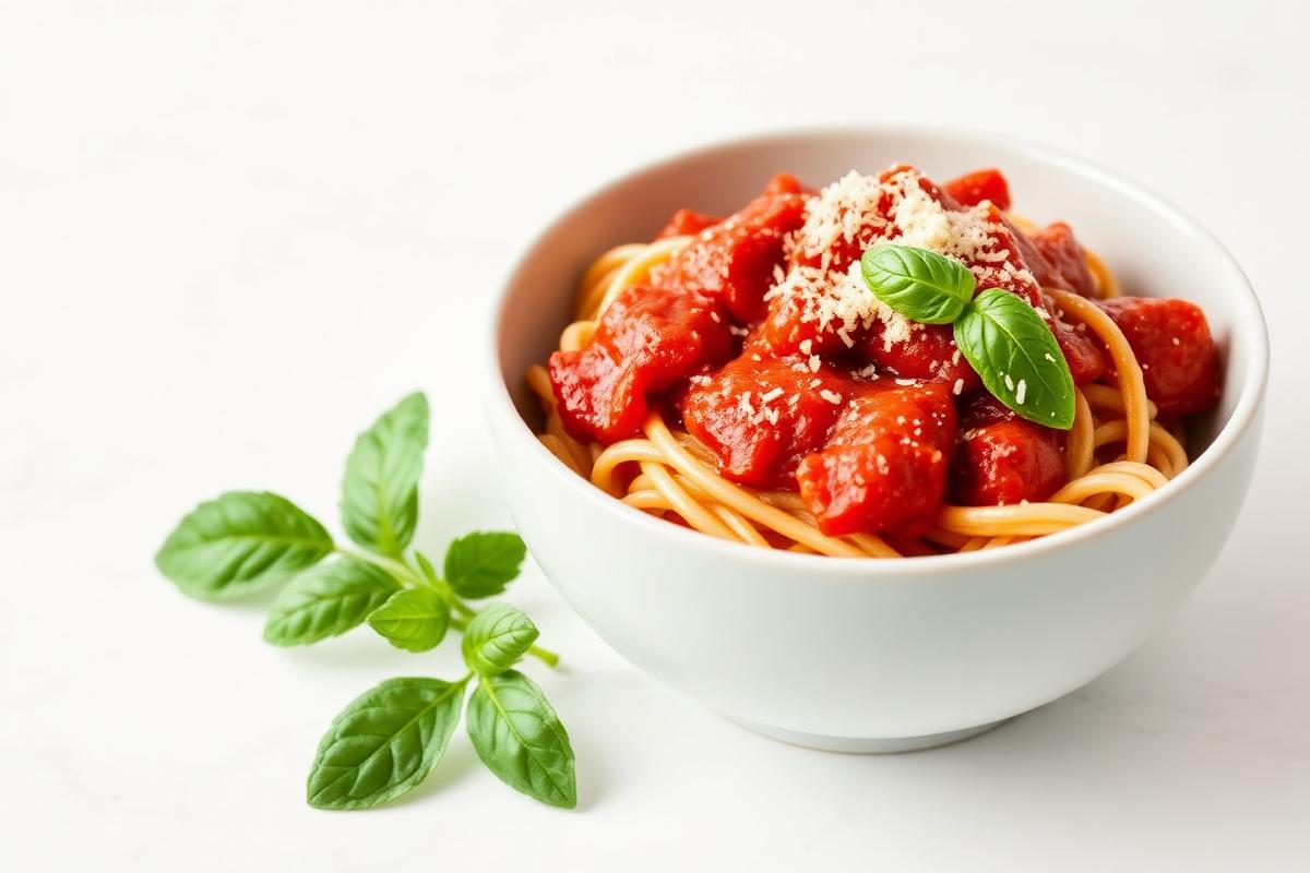 Low FODMAP pasta with fresh marinara sauce, parmesan and basil in a white bowl