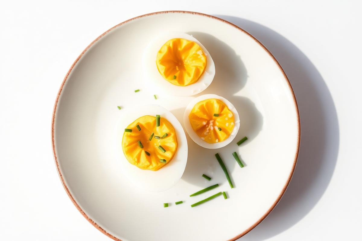 Halved low FODMAP hard boiled eggs on a plate with chives and salt