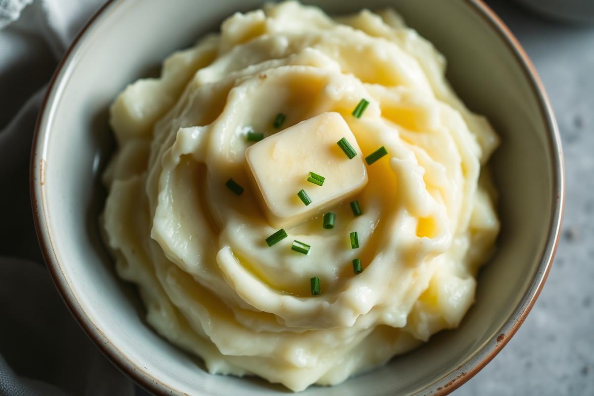 Creamy low FODMAP mashed potato in a bowl with melting butter and chives