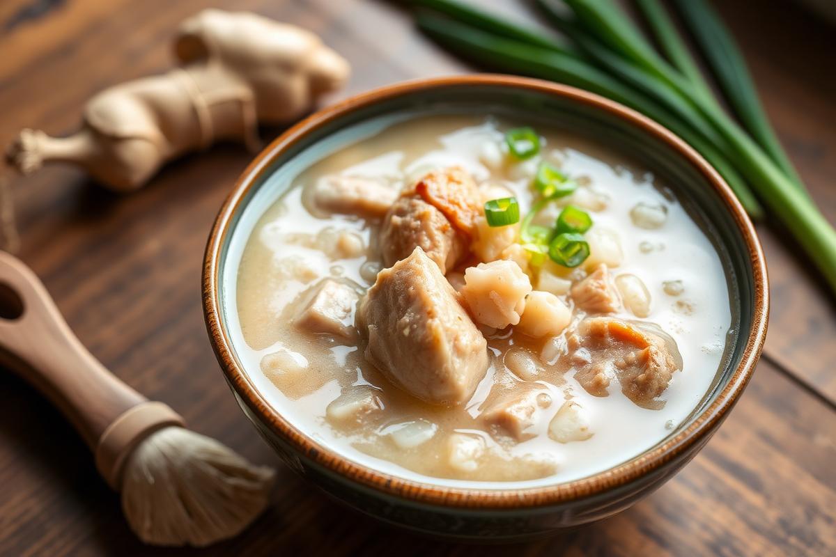 Low FODMAP chicken and rice congee with ginger and spring onion greens