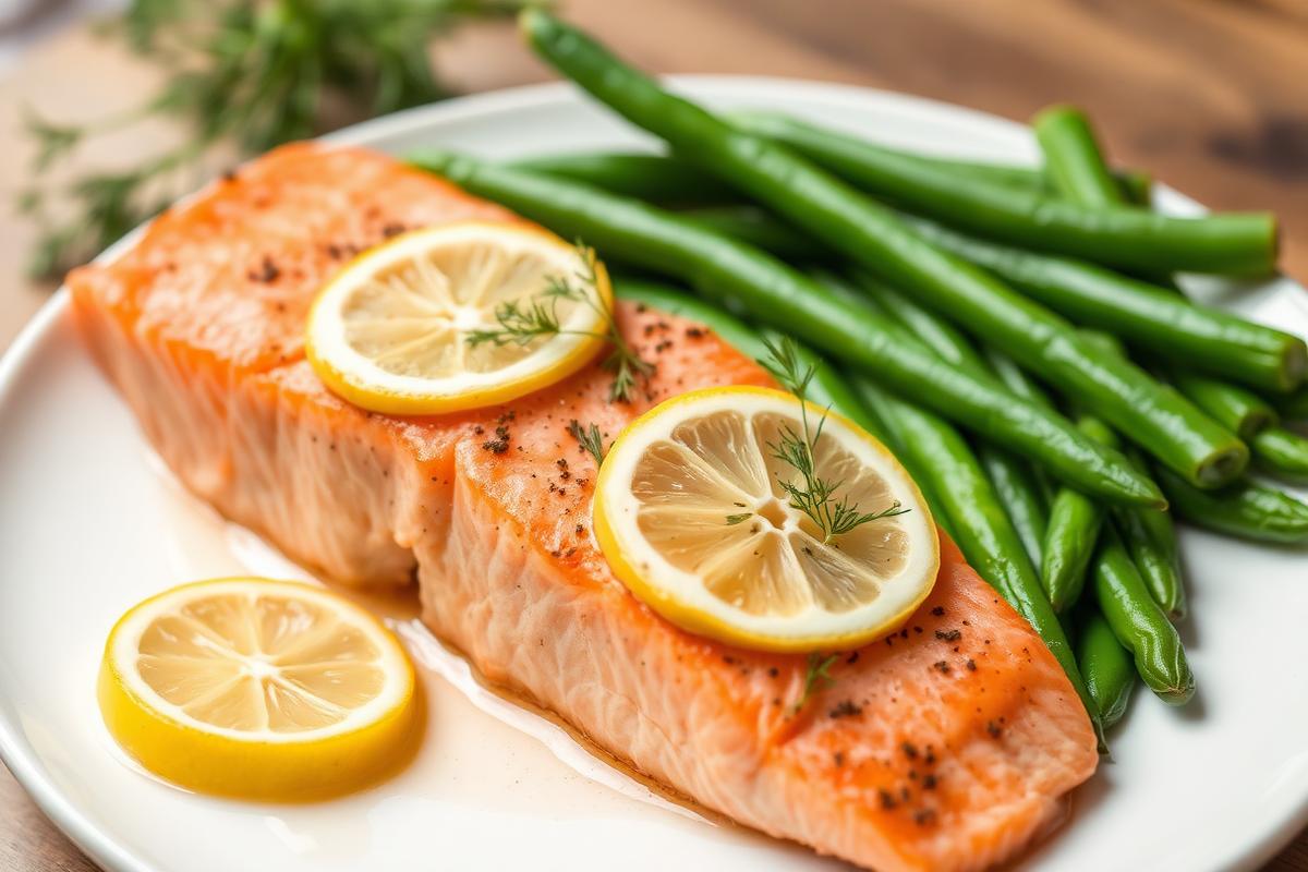 Low FODMAP steamed salmon with lemon slices, dill and green beans