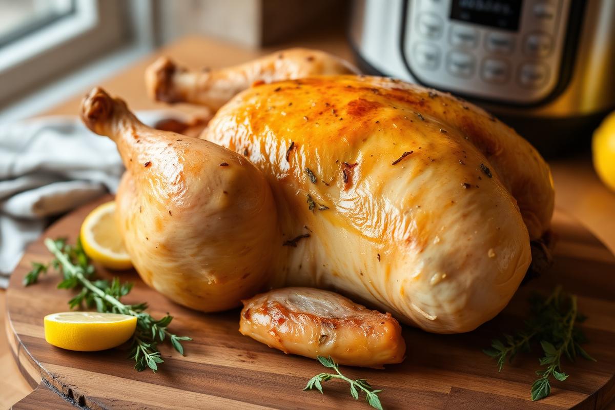 Golden low FODMAP whole chicken cooked in a pressure cooker on a serving board