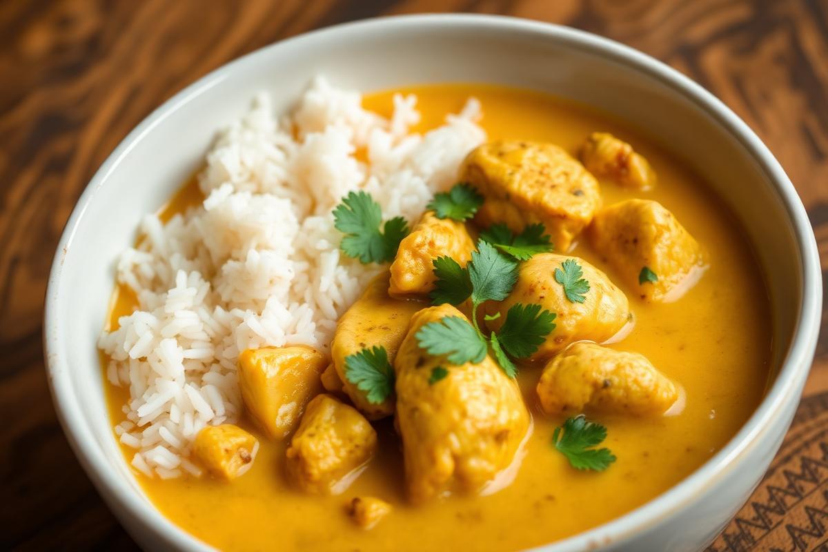 Low FODMAP coconut chicken curry with rice and coriander in a white bowl