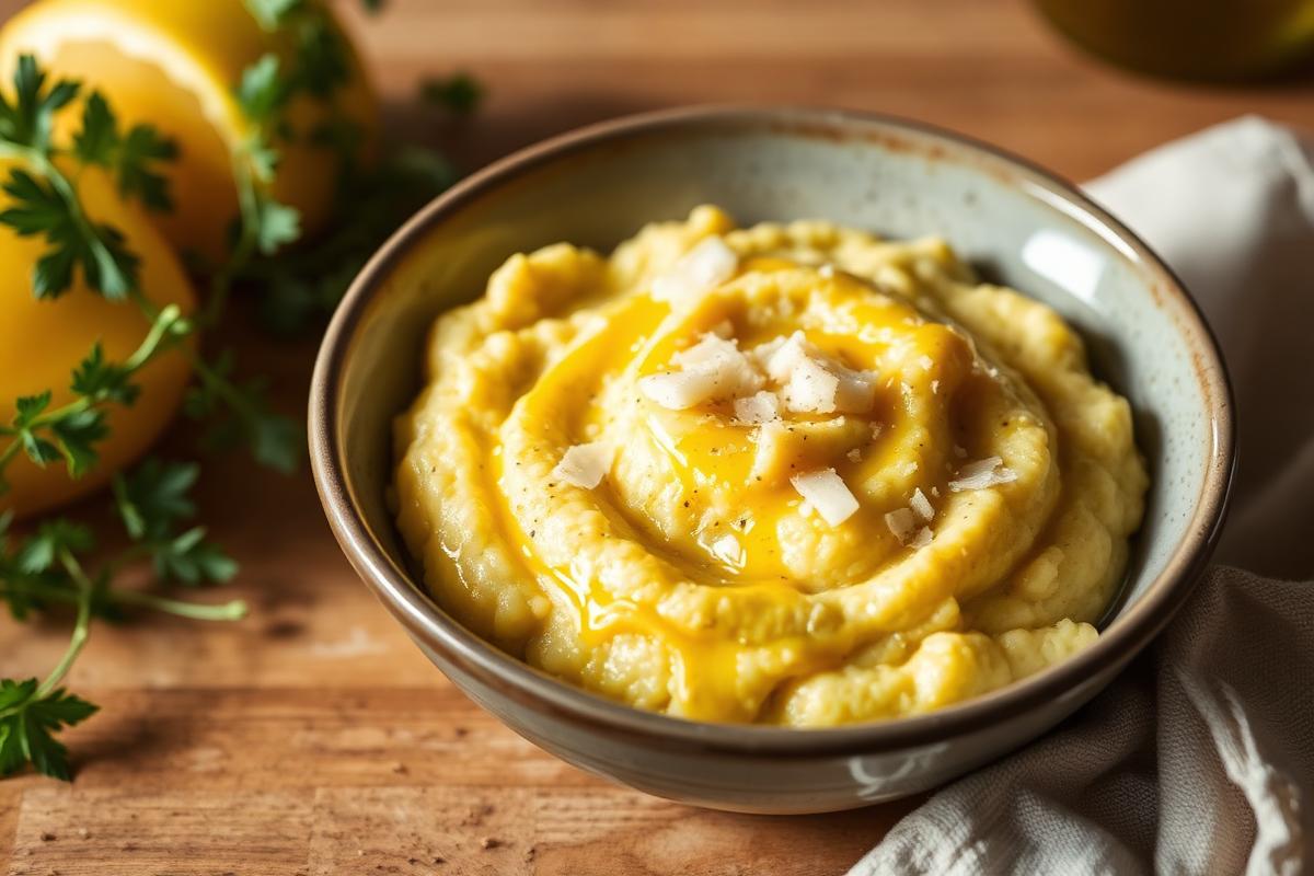 Creamy low FODMAP polenta topped with parmesan and olive oil
