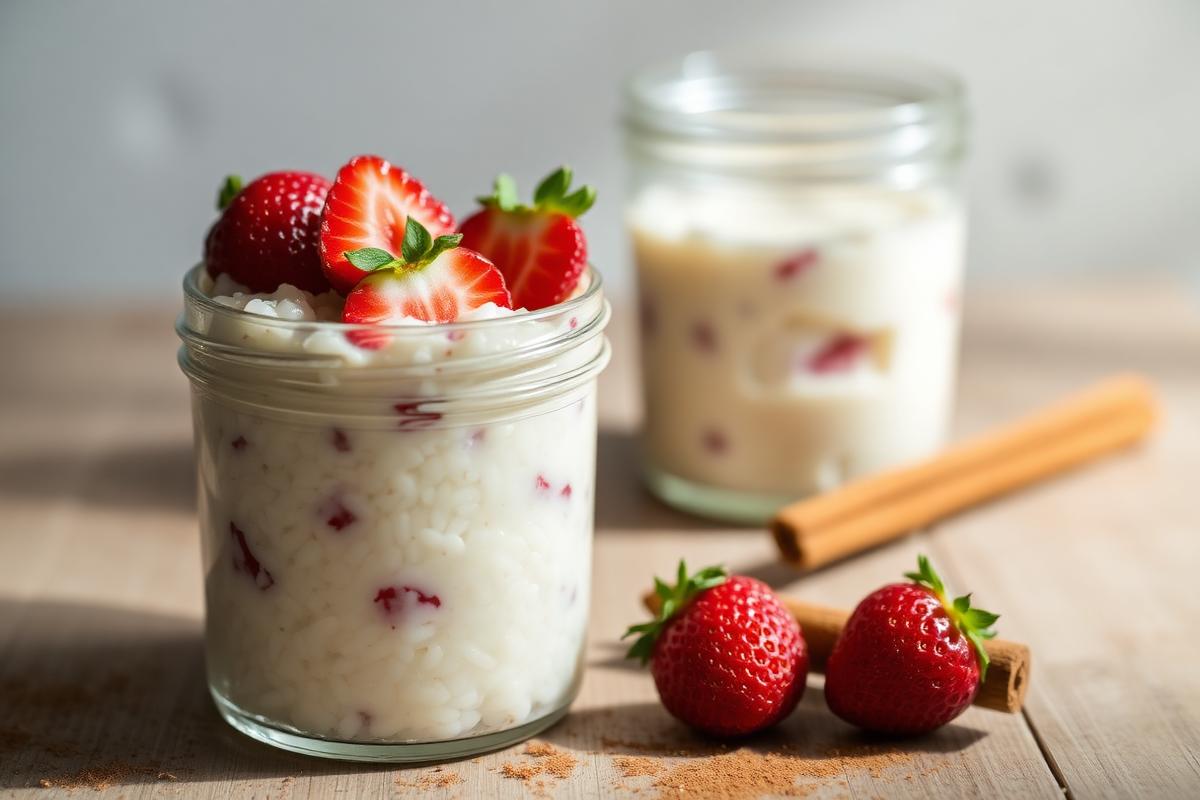 Low FODMAP rice pudding in jars topped with fresh strawberries and cinnamon