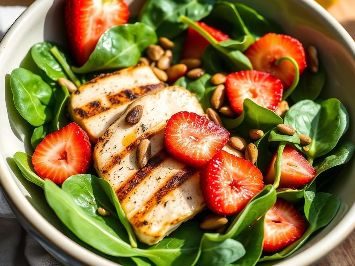 Grilled Chicken, Spinach & Strawberry Salad - grilled chicken salad with baby spinach and strawberries