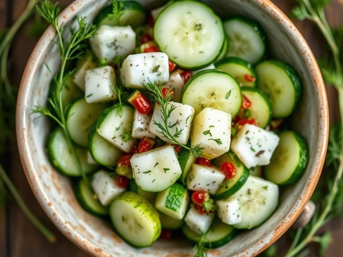 Creamy Cucumber & Dill Salad - cucumber and dill salad in a rustic bowl