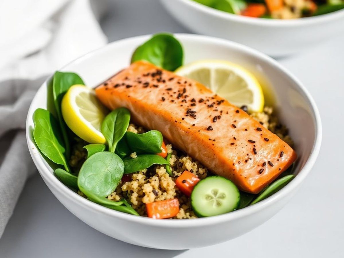Salmon & Quinoa Power Bowl - salmon and quinoa salad bowl with spinach and lemon