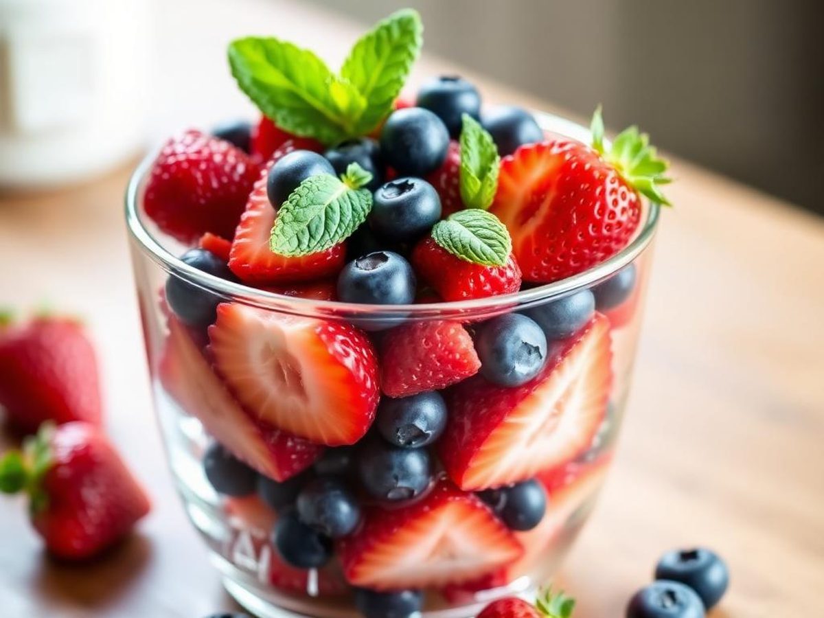 Berry & Mint Fruit Salad - strawberry blueberry and mint fruit salad in a glass bowl