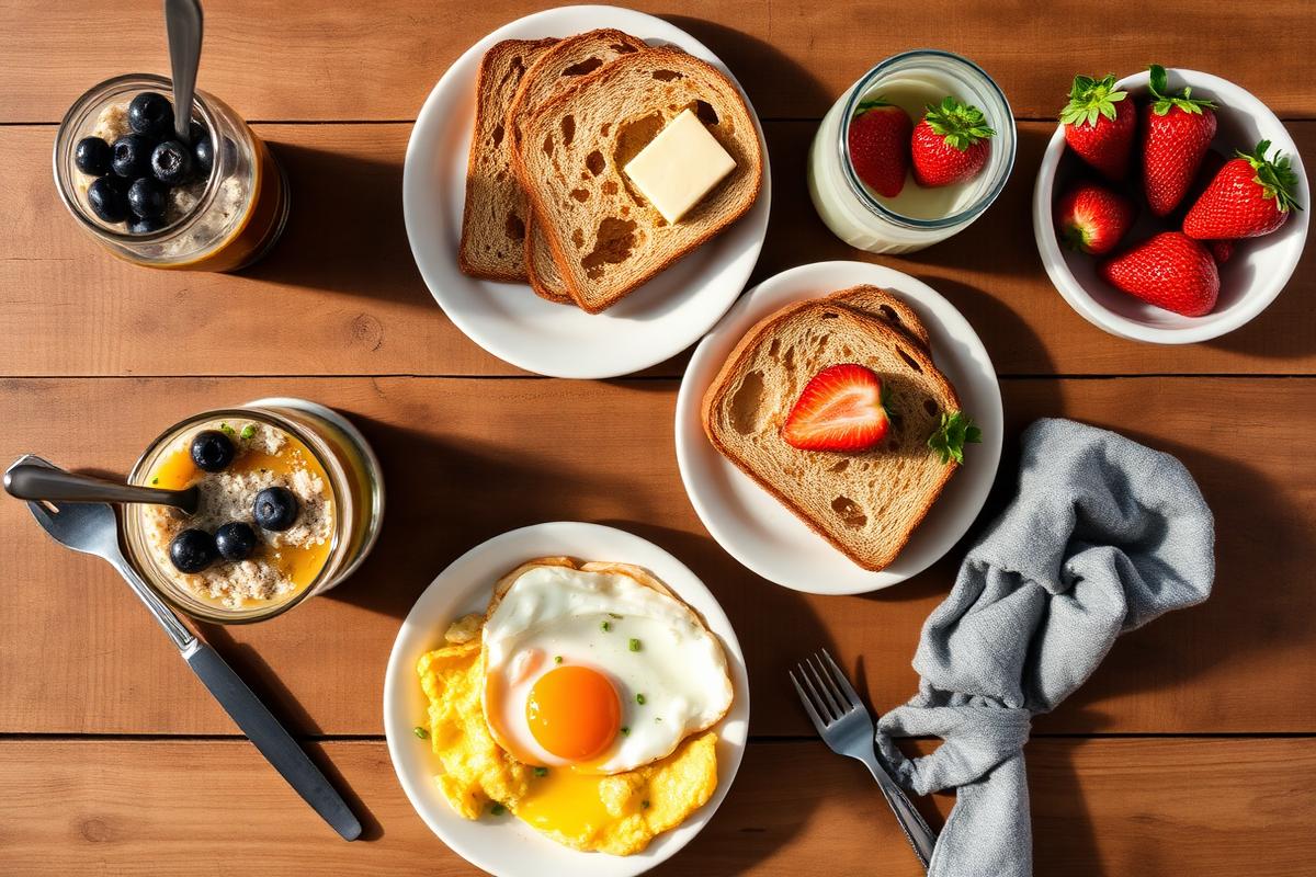 Low FODMAP breakfast spread with eggs, sourdough toast, overnight oats, and fresh berries on a rustic wooden table