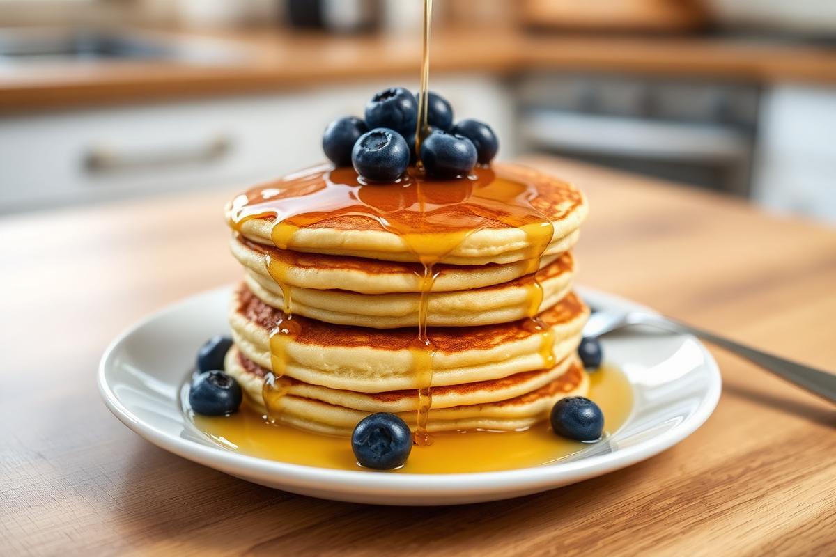 Stack of fluffy golden low FODMAP pancakes with maple syrup and fresh blueberries