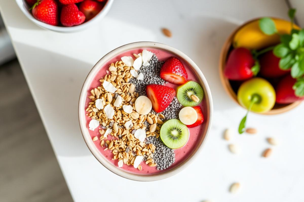 Colorful low FODMAP smoothie bowl topped with granola, chia seeds, kiwi, and fresh strawberries