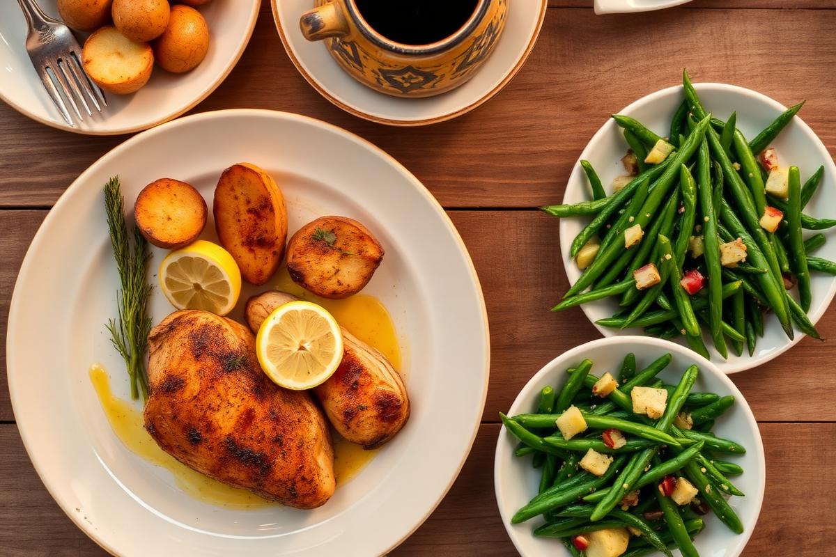 Low FODMAP dinner spread featuring lemon herb chicken, roasted potatoes, and steamed green beans on a rustic table