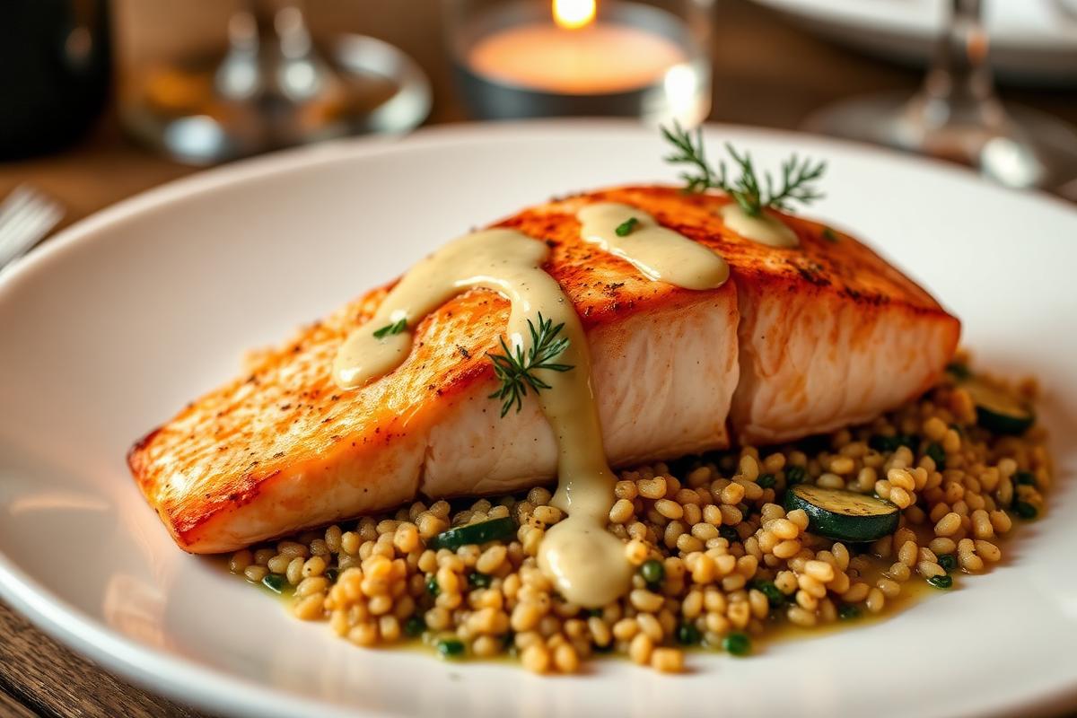 Pan-seared salmon fillet with crispy skin on a bed of quinoa with roasted zucchini and lemon dill sauce