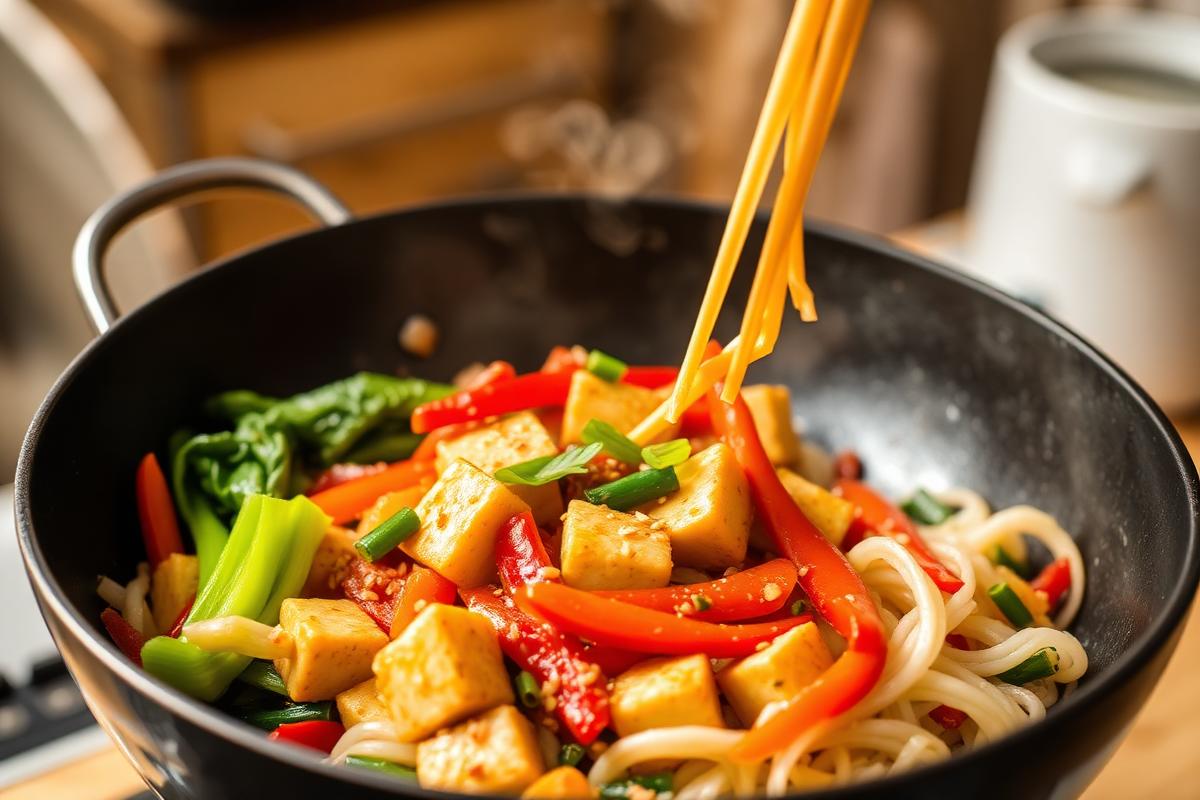 Colorful low FODMAP stir-fry with tofu, bell peppers, bok choy, and rice noodles in a wok