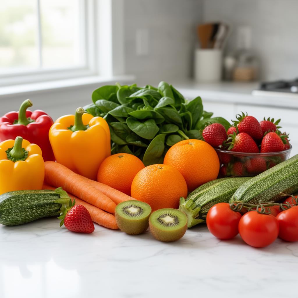 Low FODMAP vegetables and fruits arranged on a kitchen counter
