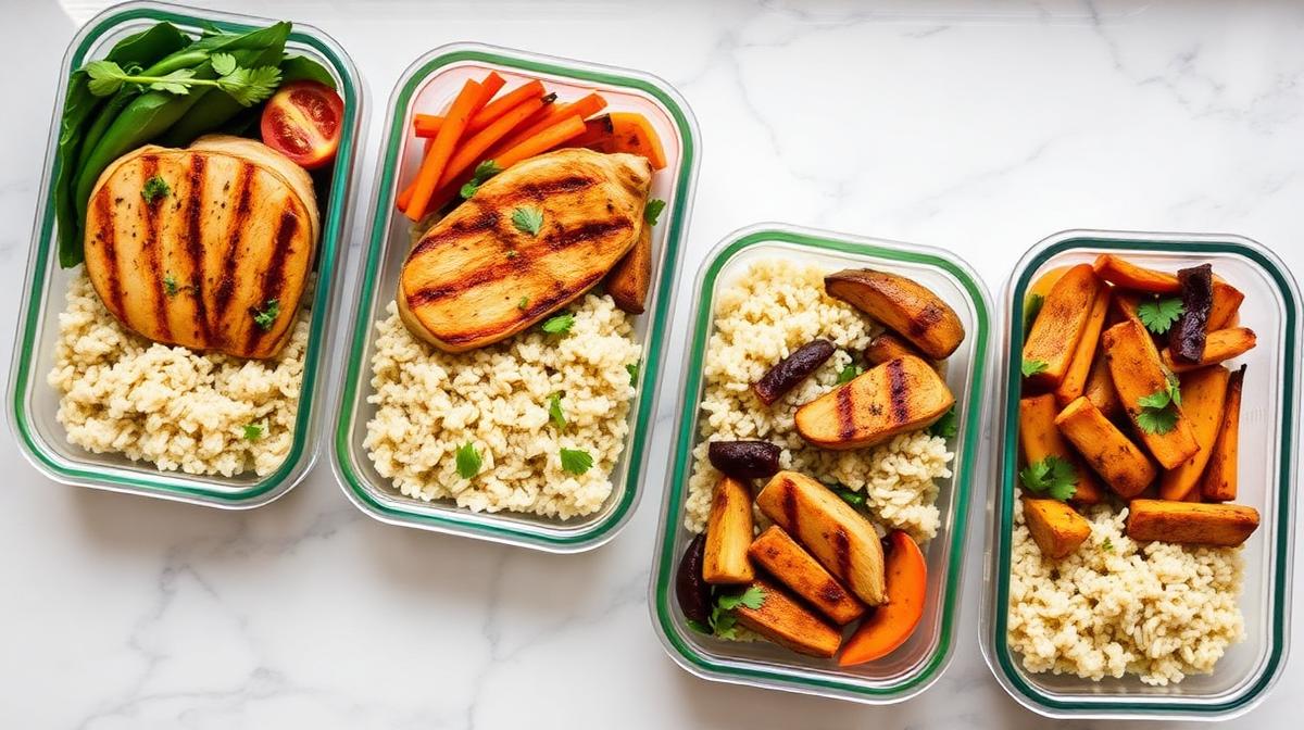 Weekly low FODMAP meal prep containers ready for the fridge Low FODMAP meal prep containers with grilled chicken, rice, and roasted vegetables